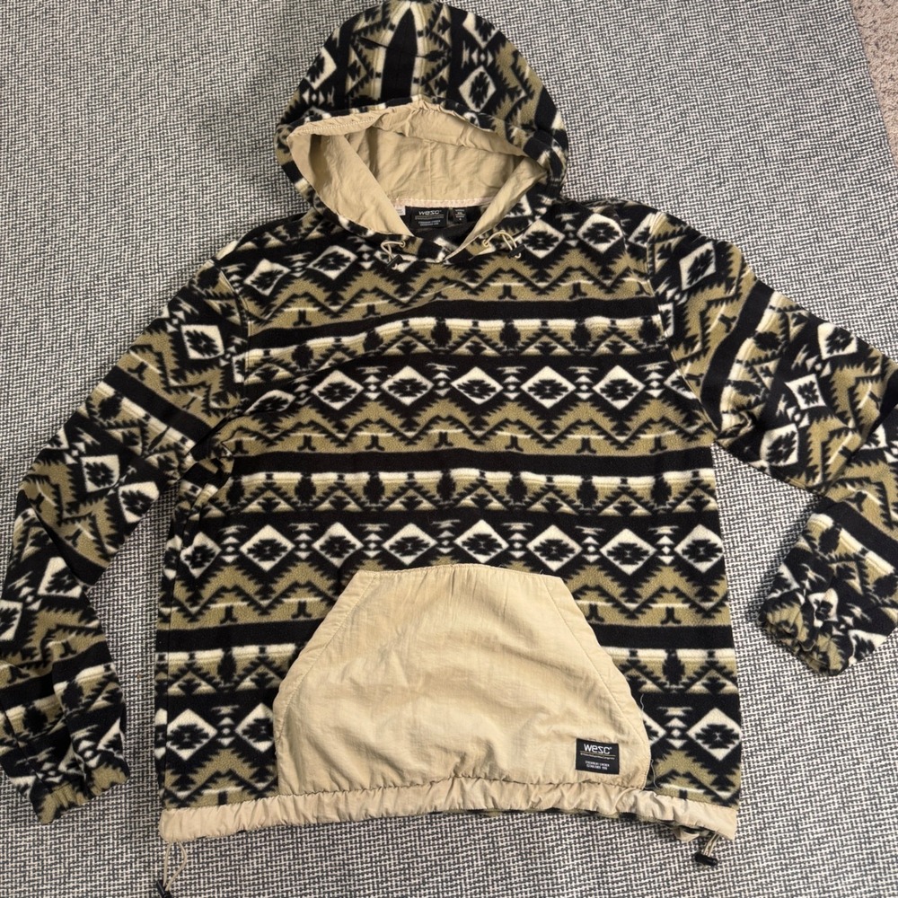 WESC Mens XL Aztec Fleece Hoodie Geometric Pullover Olive Black Tan Pocket